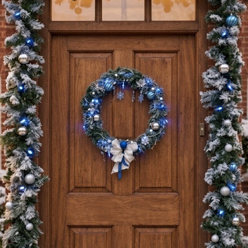 Frosted evergreen wreath with blue LED lights, blue and silver ornaments, hanging snowflakes and a white bow on a wooden door