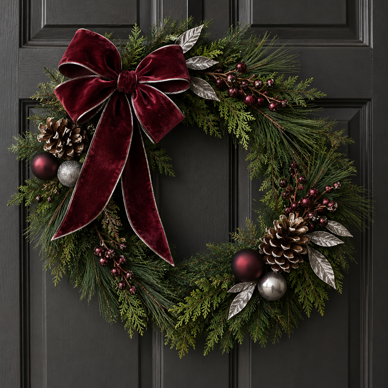 Evergreen wreath with burgundy velvet bow, burgundy and silver ornaments and pinecones