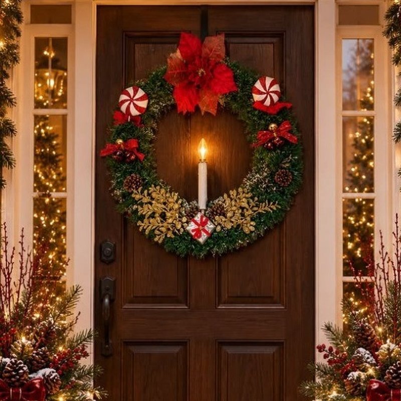 Evergreen wreath with a glowing LED candle, red poinsettia and peppermint ornaments
