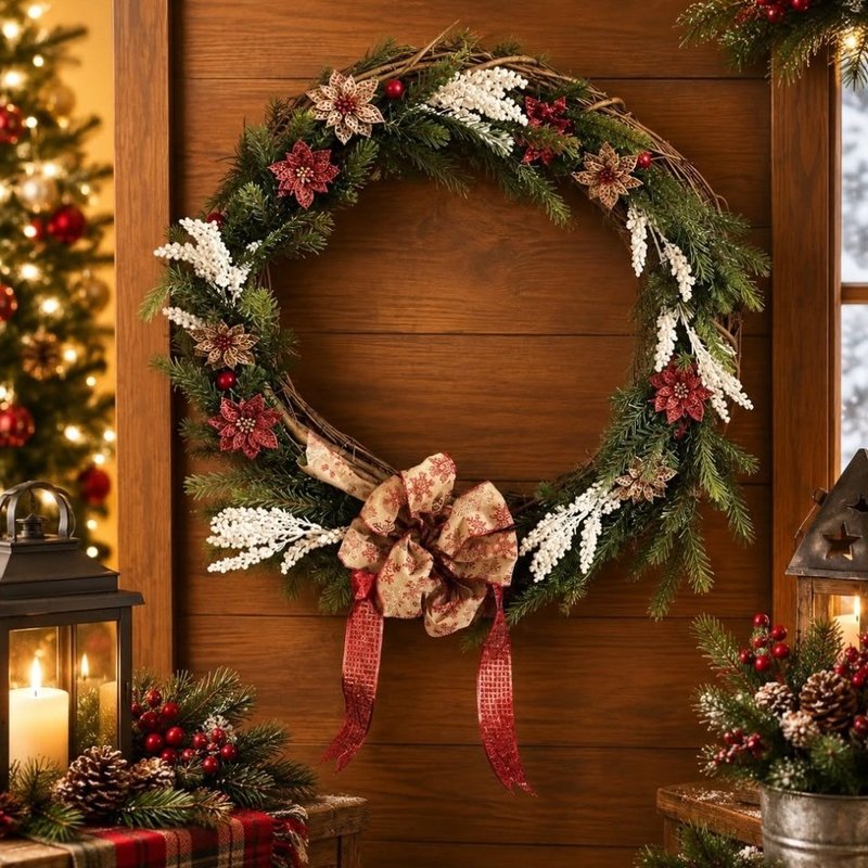 Grapevine and evergreen wreath with poinsettias and a large patterned fabric bow