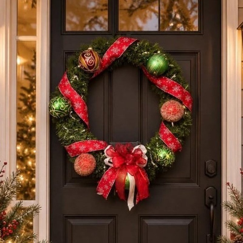 Pre-lit evergreen wreath with red snowflake ribbon, multi-layer bow and glitter ornaments