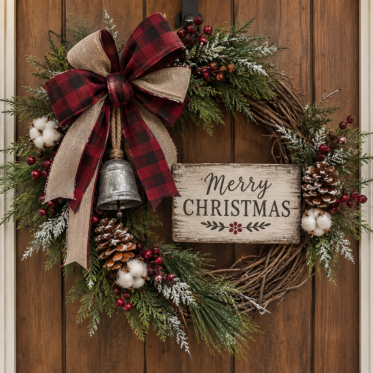 Grapevine wreath with buffalo-check and burlap bow, metal bell and Merry Christmas sign
